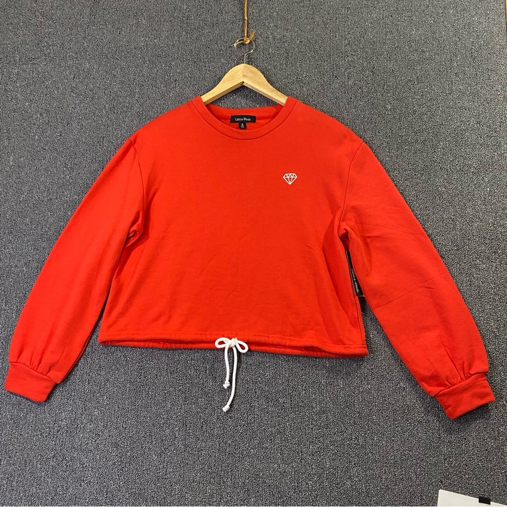 Lea & Viola Red White Cropped Sweatshirt Drawstring Embroidered Diamond Women S
